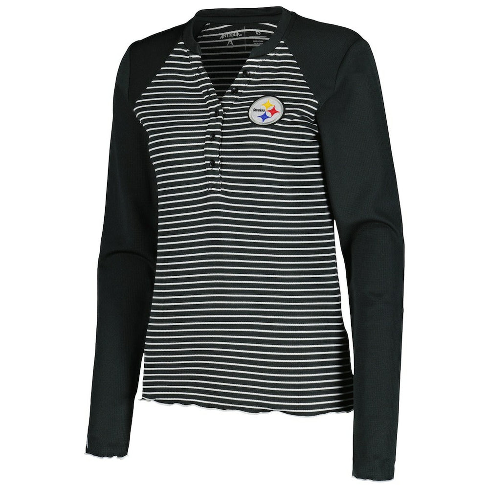 Pittsburgh Steelers Antigua Women's Maverick Waffle Henley Long Sleeve T-Shirt Black - NFL