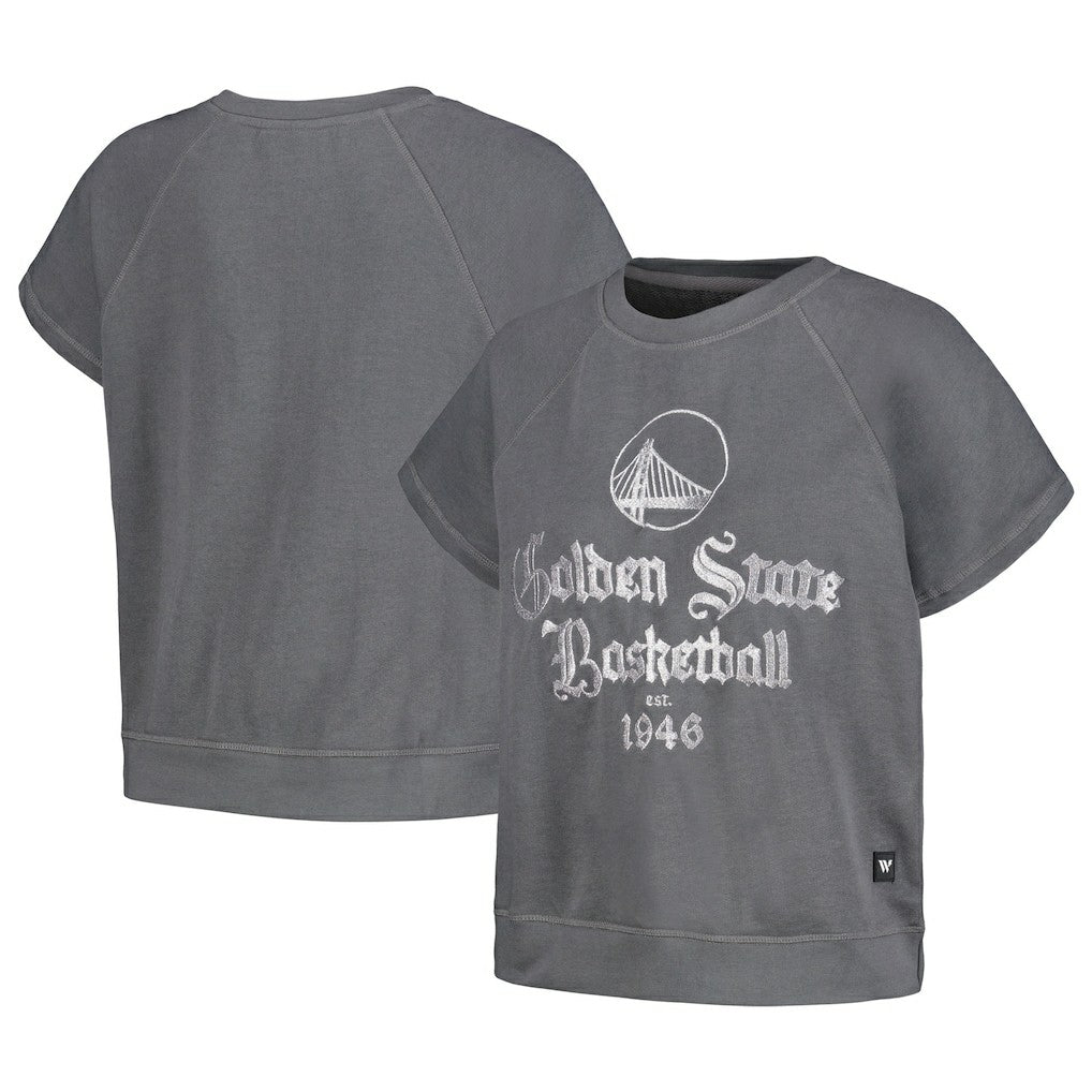 NBA - Golden State Warriors The Wild Collective Women's Embroidered Fleece Raglan Short Sleeve Pullover Sweatshirt - Gray
