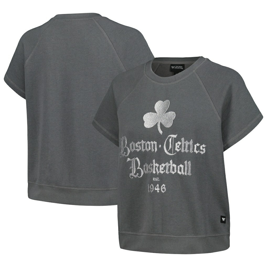 NBA - Boston Celtics The Wild Collective Women's Embroidered Fleece Raglan Short Sleeve Pullover Sweatshirt - Gray