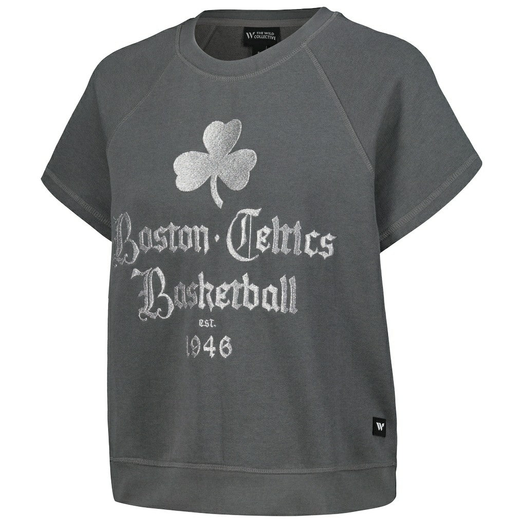 NBA - Boston Celtics The Wild Collective Women's Embroidered Fleece Raglan Short Sleeve Pullover Sweatshirt - Gray
