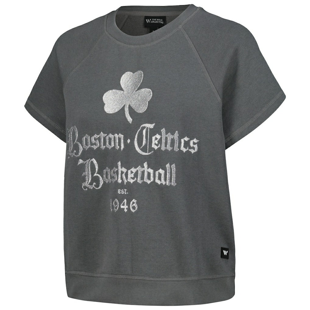 NBA - Boston Celtics The Wild Collective Women's Embroidered Fleece Raglan Short Sleeve Pullover Sweatshirt - Gray