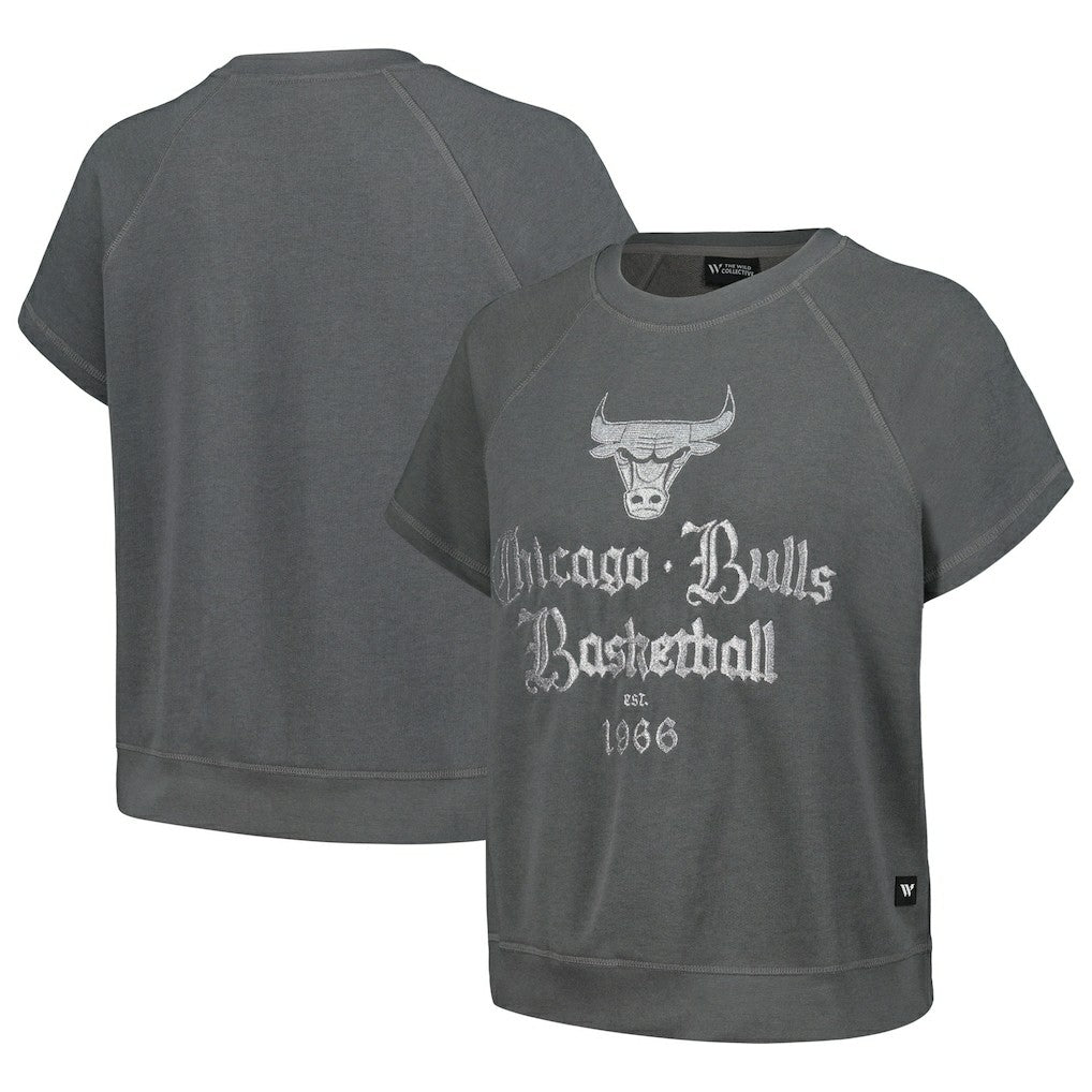 NBA - Chicago Bulls The Wild Collective Women's Embroidered Fleece Raglan Short Sleeve Pullover Sweatshirt - Gray