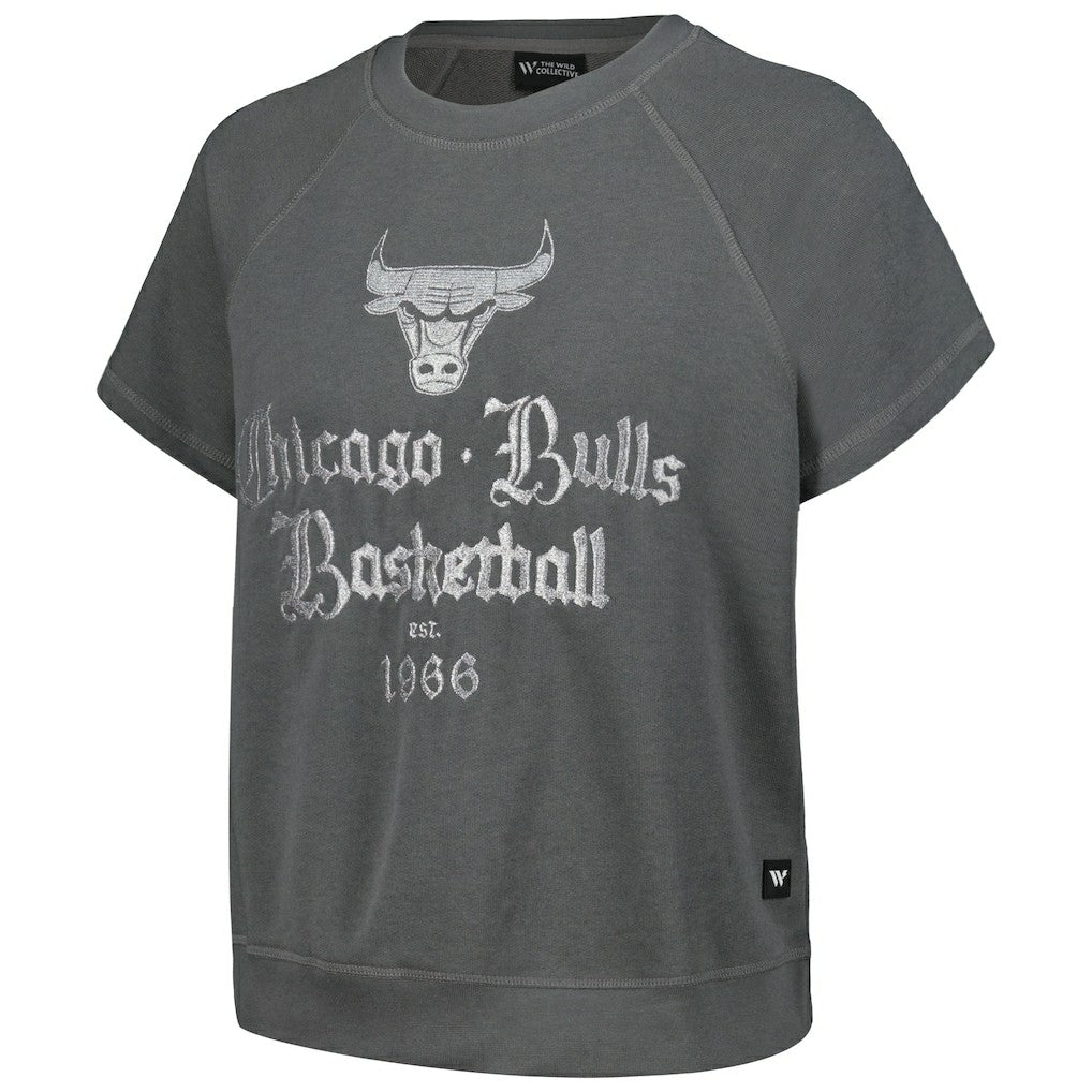 NBA - Chicago Bulls The Wild Collective Women's Embroidered Fleece Raglan Short Sleeve Pullover Sweatshirt - Gray