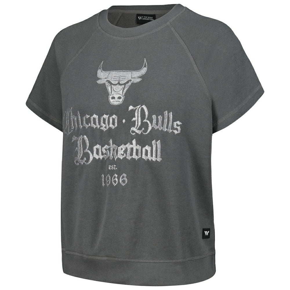 NBA - Chicago Bulls The Wild Collective Women's Embroidered Fleece Raglan Short Sleeve Pullover Sweatshirt - Gray