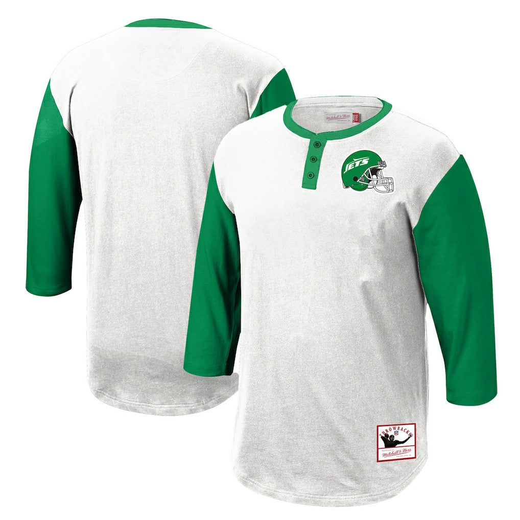 New York Jets Legacy Slub Henley 3/4 Sleeve T-Shirt White - Mitchell & Ness