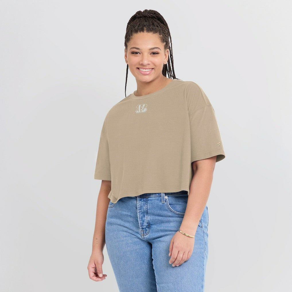 Cincinnati Bengals Women's Elements Super Soft Boxy Cropped T-Shirt Khaki - Fanatics