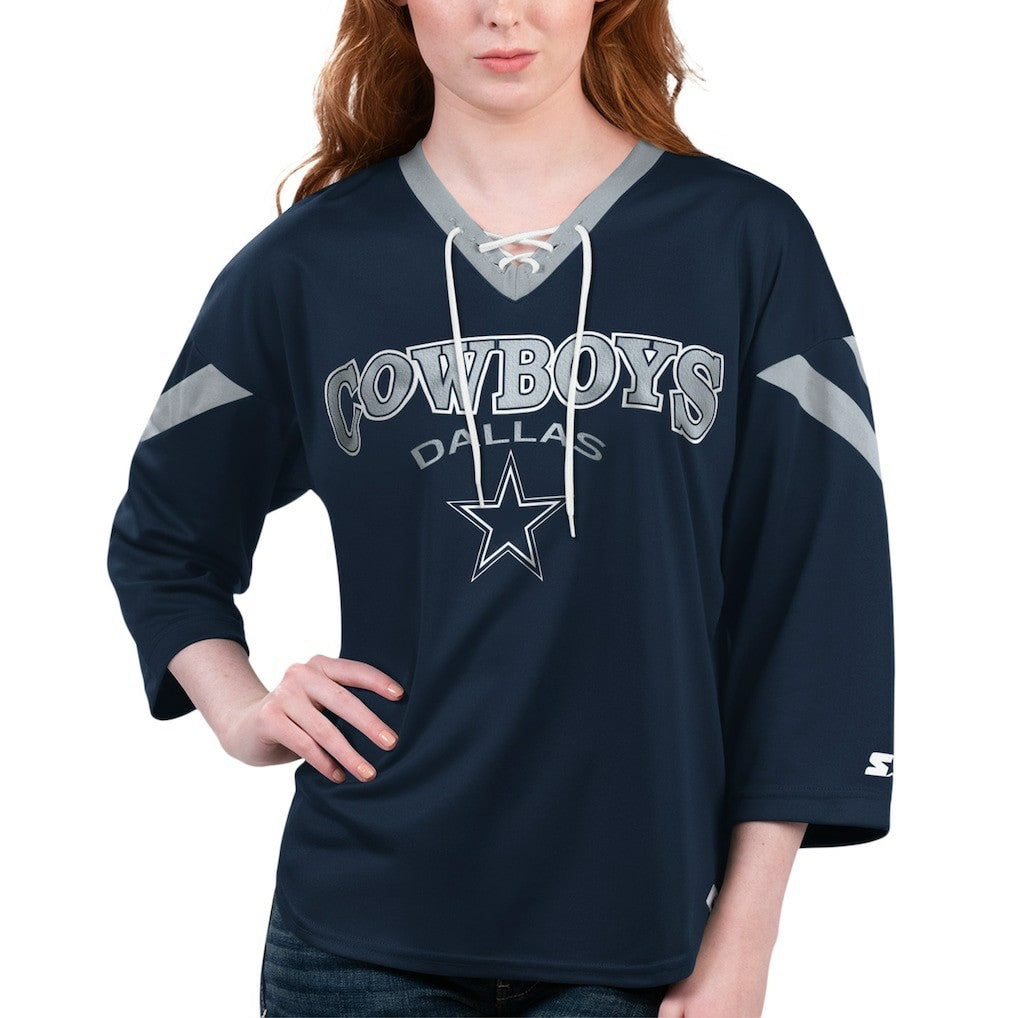 Dallas Cowboys Starter Women's Rally Lace-Up 3/4-Sleeve T-Shirt Navy - NFL