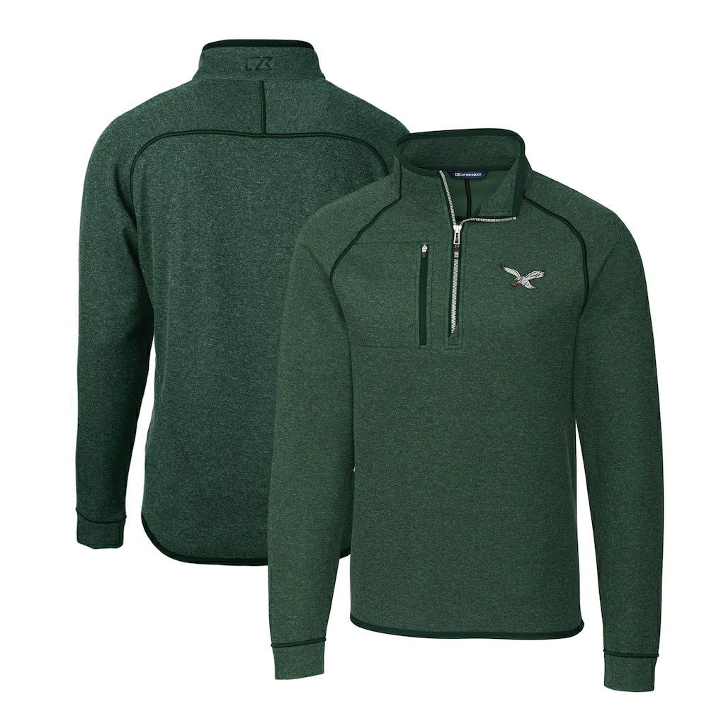 Philadelphia Eagles Cutter & Buck Gridiron Classics Big & Tall Mainsail Sweater-Knit Half-Zip Pullover Jacket Heather Green - NFL