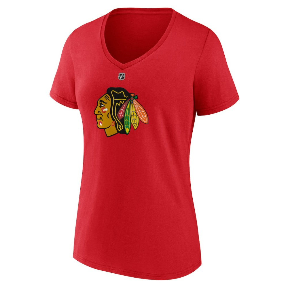 Connor Bedard Chicago Blackhawks Fanatics Women's Authentic Stack Name & Number V-Neck T-Shirt Red