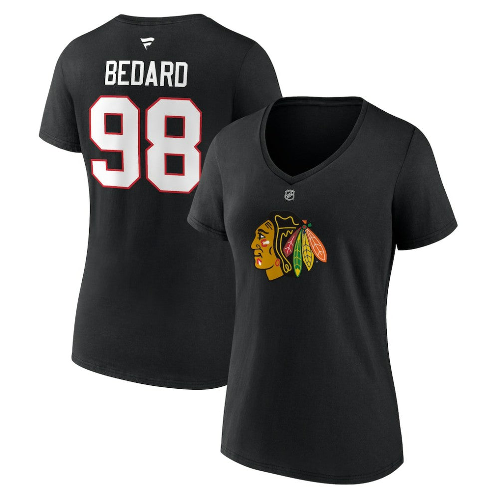 Connor Bedard Chicago Blackhawks Fanatics Women's Authentic Stack Name & Number V-Neck T-Shirt Black