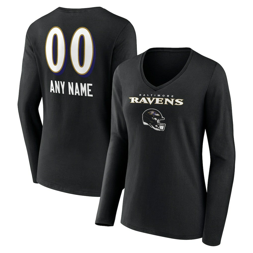 Baltimore Ravens Women's Personalized Name & Number Team Wordmark Long Sleeve V-Neck T-Shirt Black - NFL