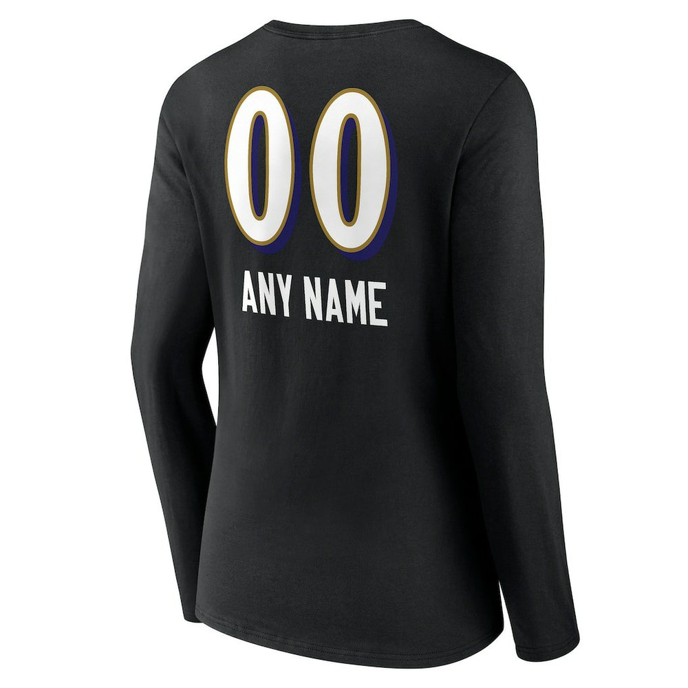 Baltimore Ravens Women's Personalized Name & Number Team Wordmark Long Sleeve V-Neck T-Shirt Black - NFL