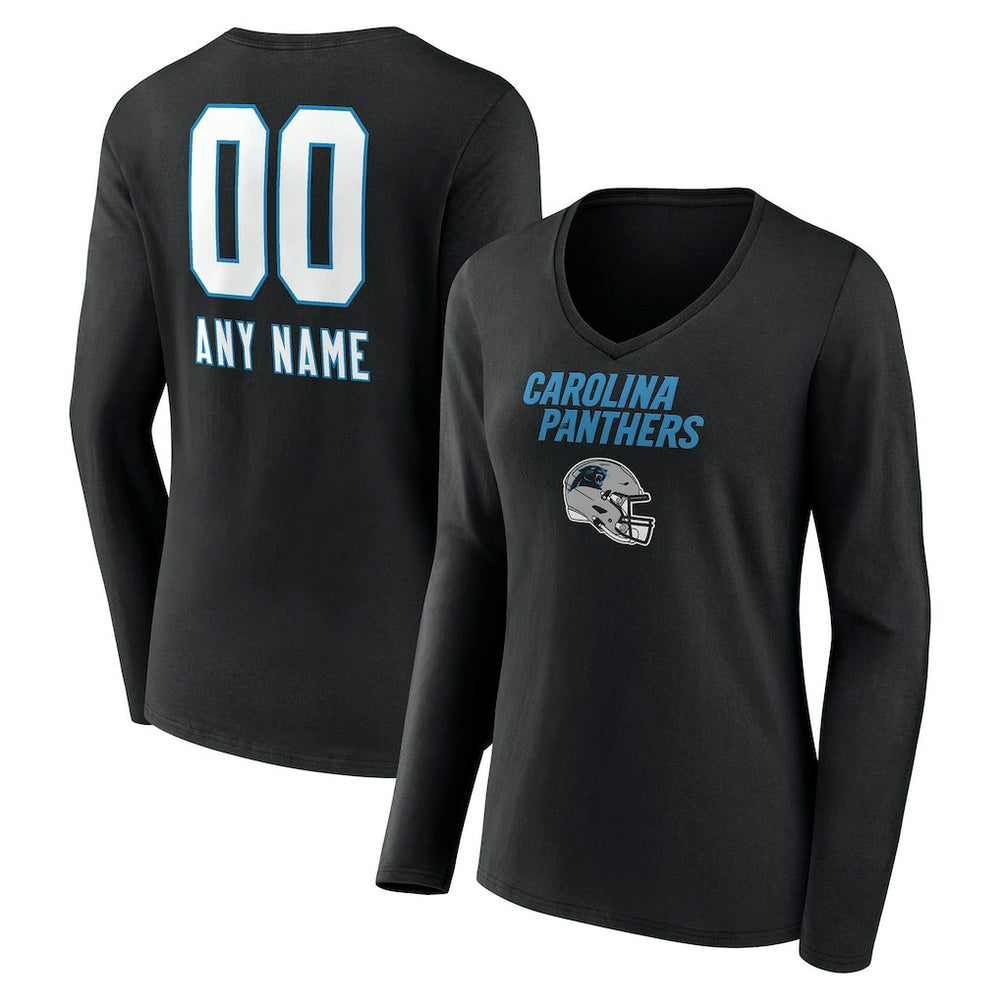 Carolina Panthers Women's Personalized Name & Number Team Wordmark Long Sleeve V-Neck T-Shirt Black - NFL