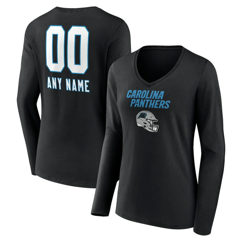 Carolina Panthers Women's Personalized Name & Number Team Wordmark Long Sleeve V-Neck T-Shirt Black - NFL