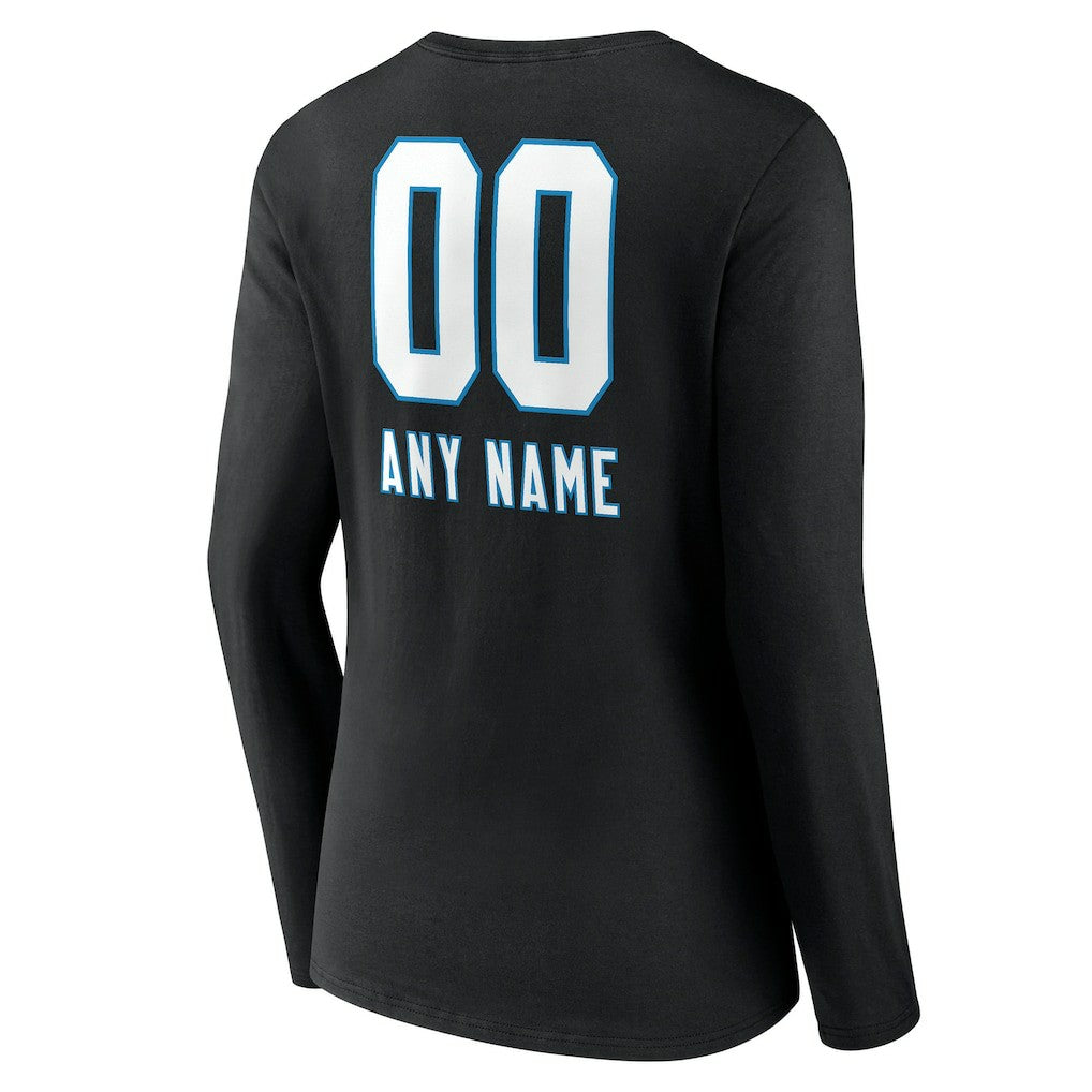 Carolina Panthers Women's Personalized Name & Number Team Wordmark Long Sleeve V-Neck T-Shirt Black - NFL