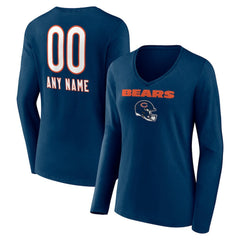 Chicago Bears Women's Personalized Name & Number Team Wordmark Long Sleeve V-Neck T-Shirt Navy - NFL