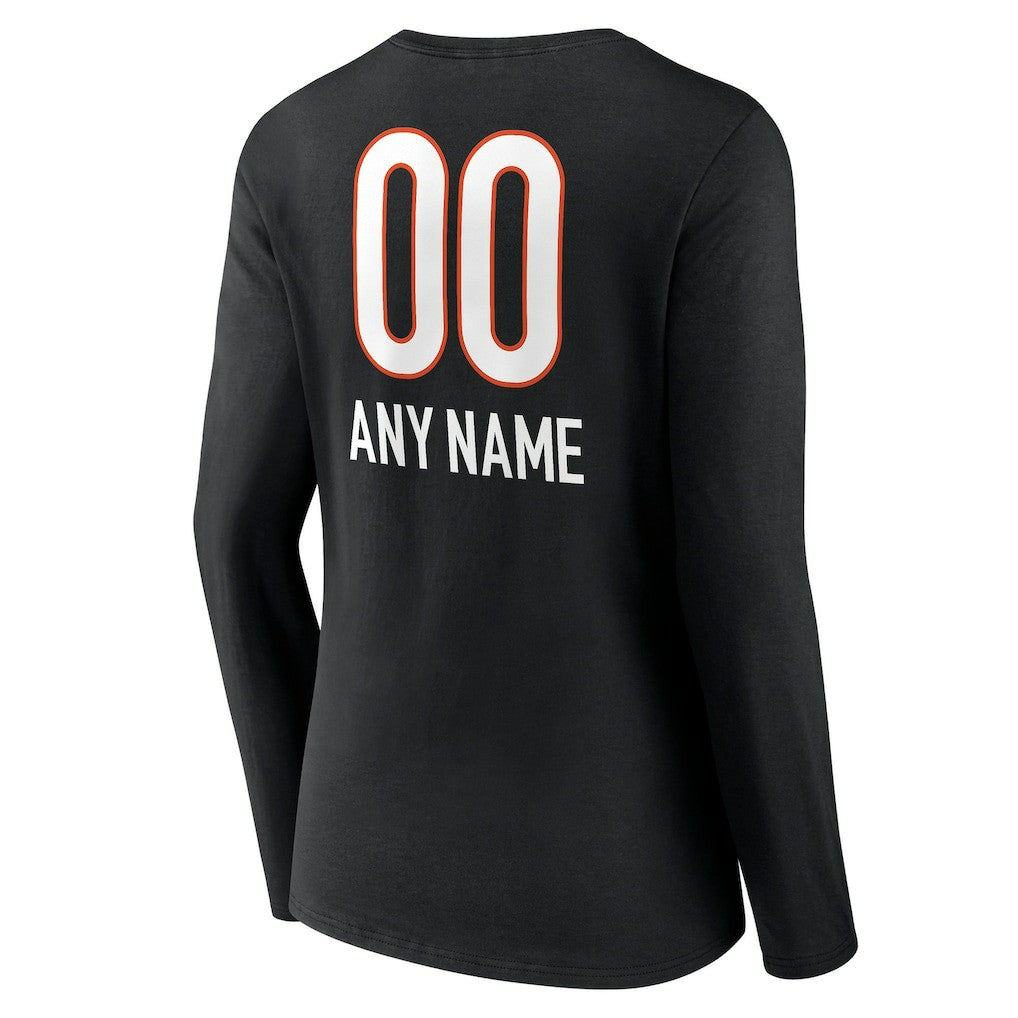 Cincinnati Bengals Women's Personalized Name & Number Team Wordmark Long Sleeve V-Neck T-Shirt Black - NFL
