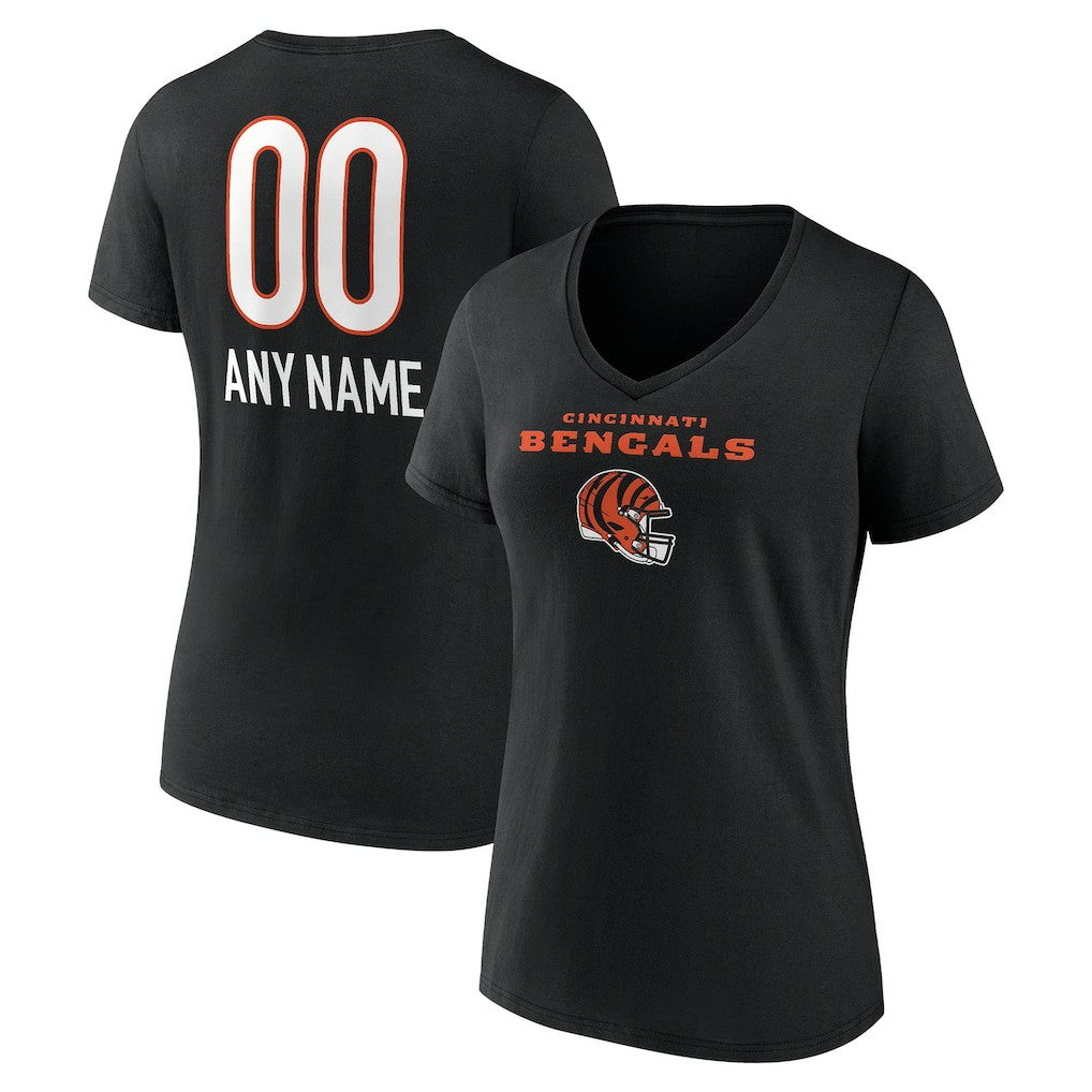 Cincinnati Bengals Women's Personalized Name & Number Team Wordmark V-Neck T-Shirt Black - NFL