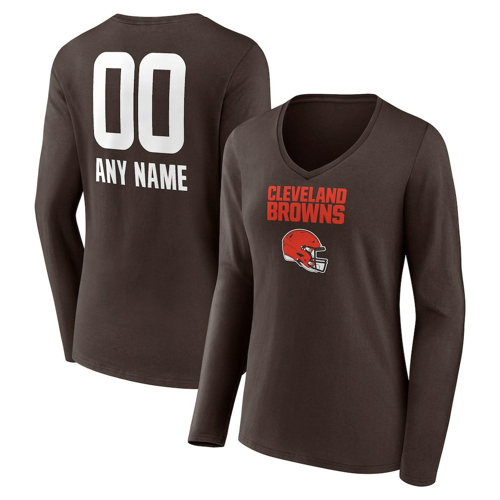 Cleveland Browns Women's Personalized Name & Number Team Wordmark Long Sleeve V-Neck T-Shirt Brown - NFL