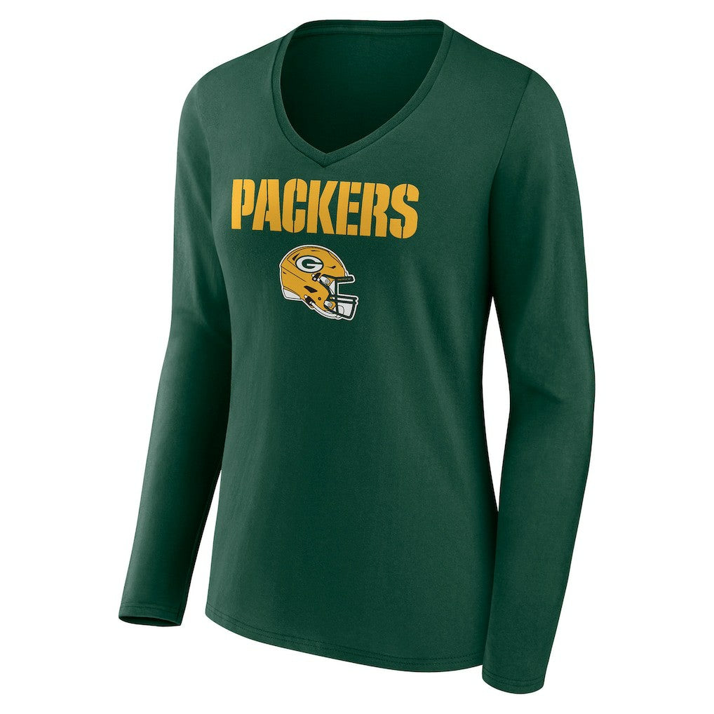 Green Bay Packers Women's Personalized Name & Number Team Wordmark Long Sleeve V-Neck T-Shirt Green - NFL