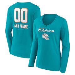 Miami Dolphins Women's Personalized Name & Number Team Wordmark Long Sleeve V-Neck T-Shirt Aqua - NFL