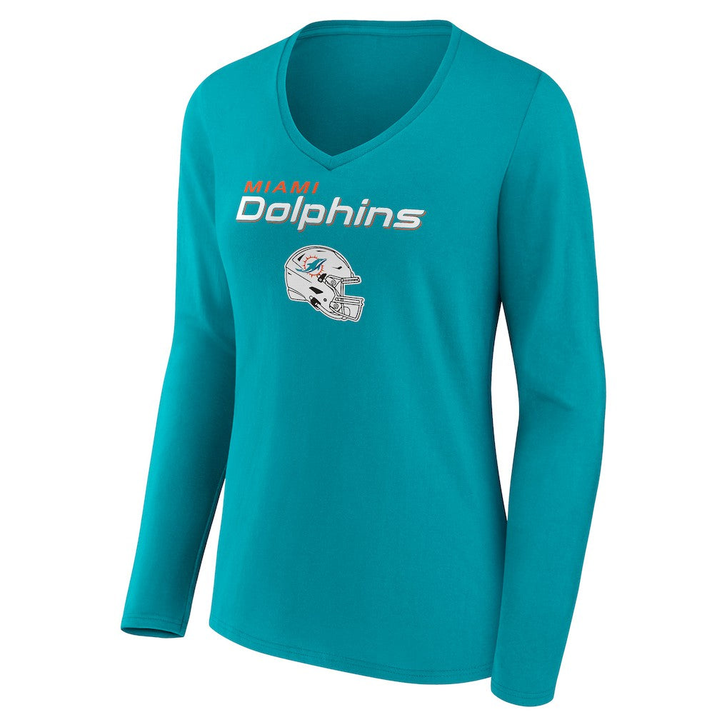 Miami Dolphins Women's Personalized Name & Number Team Wordmark Long Sleeve V-Neck T-Shirt Aqua - NFL