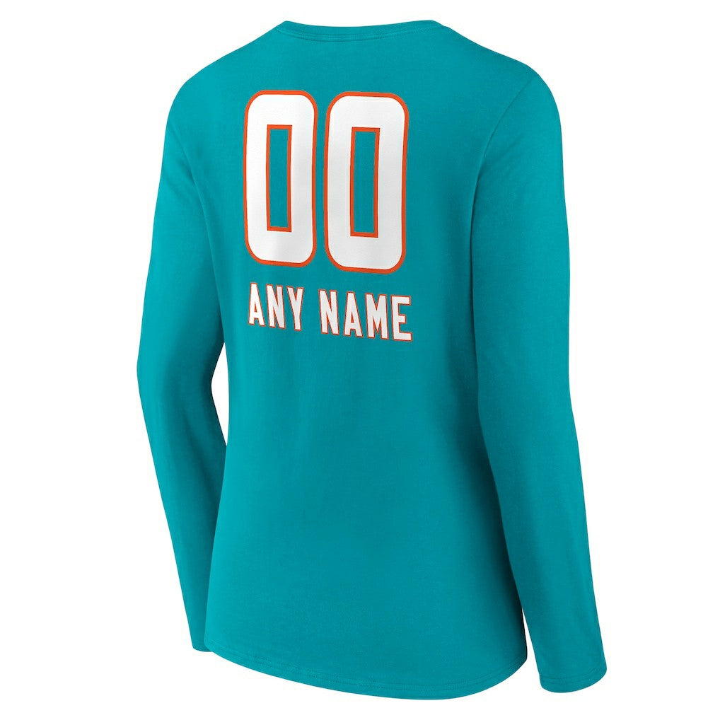 Miami Dolphins Women's Personalized Name & Number Team Wordmark Long Sleeve V-Neck T-Shirt Aqua - NFL