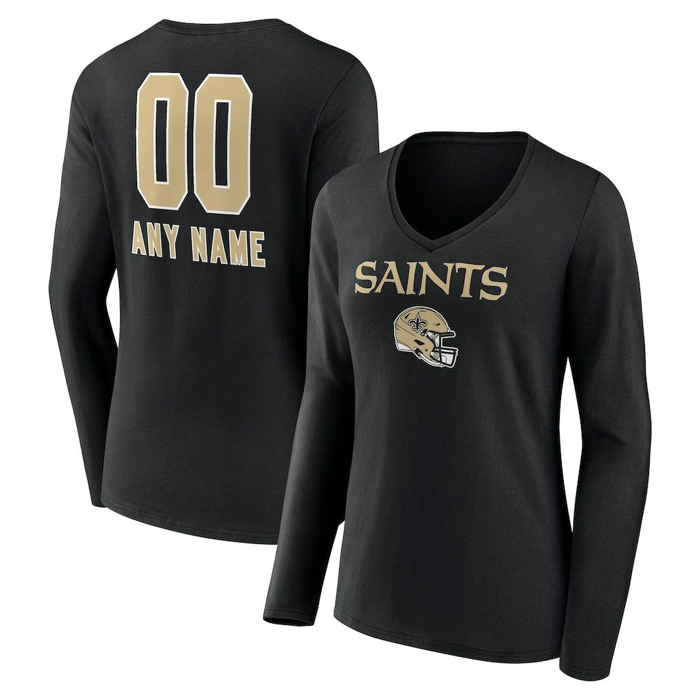 New Orleans Saints Women's Personalized Name & Number Team Wordmark Long Sleeve V-Neck T-Shirt Black - NFL