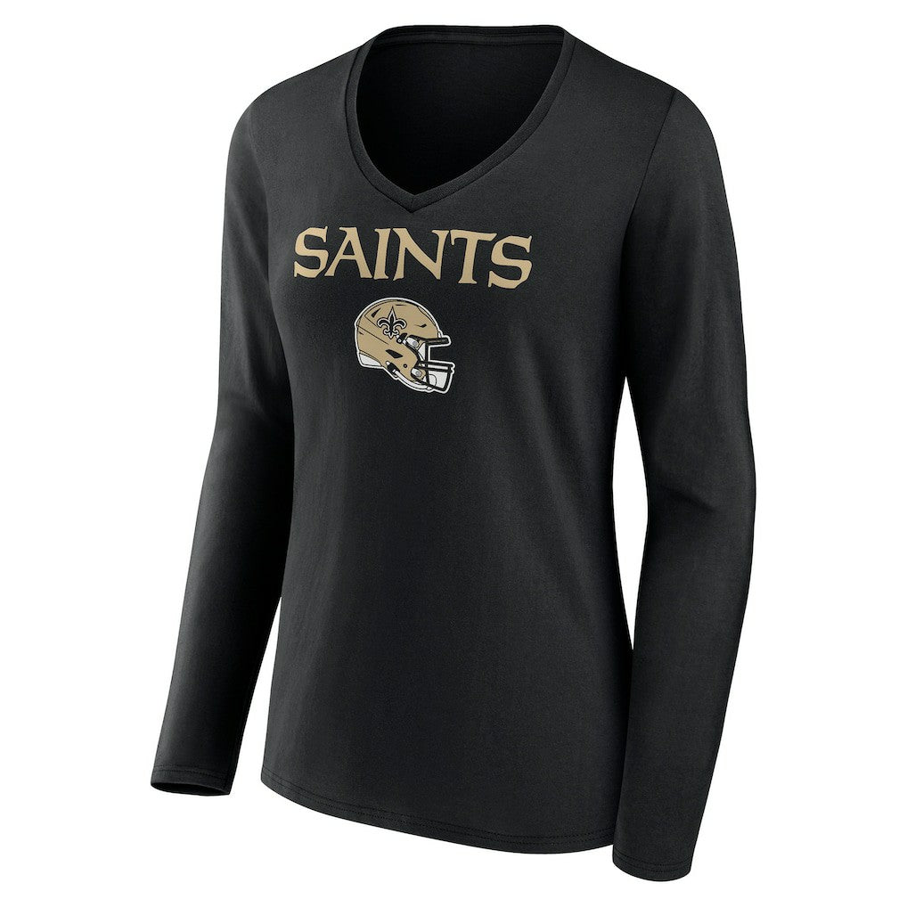 New Orleans Saints Women's Personalized Name & Number Team Wordmark Long Sleeve V-Neck T-Shirt Black - NFL