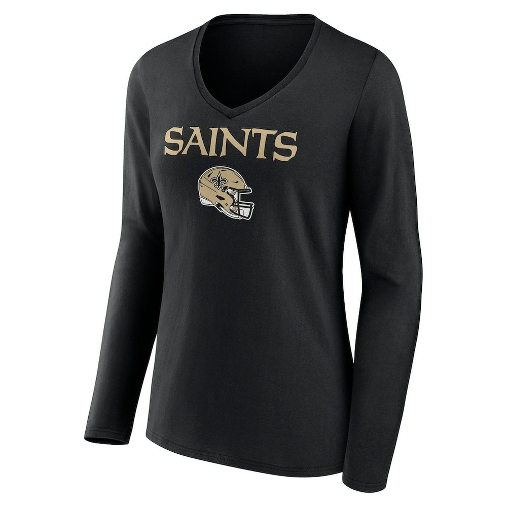 New Orleans Saints Women's Personalized Name & Number Team Wordmark Long Sleeve V-Neck T-Shirt Black - NFL