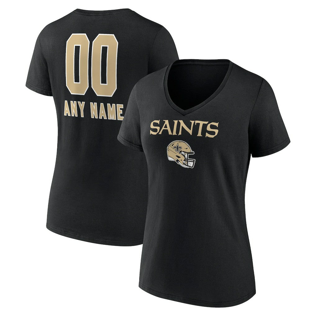 New Orleans Saints Women's Personalized Name & Number Team Wordmark V-Neck T-Shirt Black - NFL
