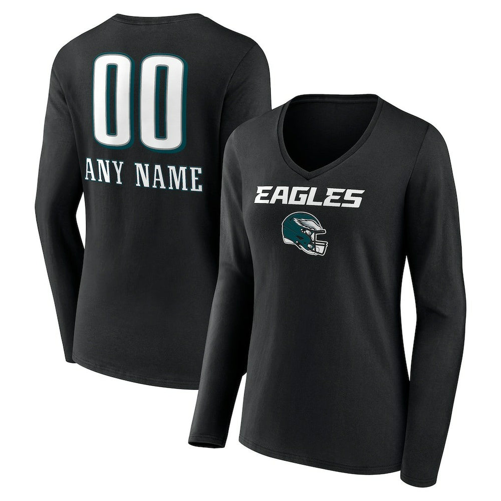 Philadelphia Eagles Women's Personalized Name & Number Team Wordmark Long Sleeve V-Neck T-Shirt Black - NFL