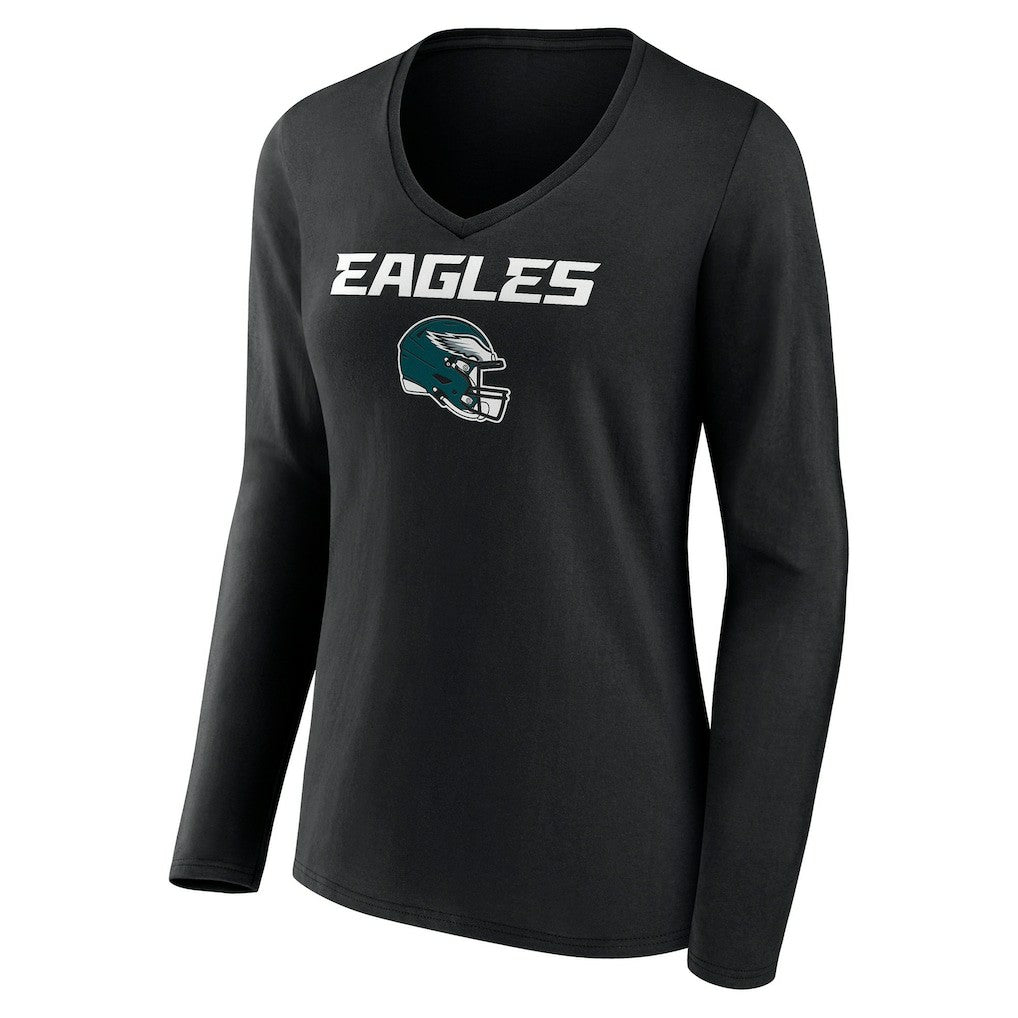 Philadelphia Eagles Women's Personalized Name & Number Team Wordmark Long Sleeve V-Neck T-Shirt Black - NFL