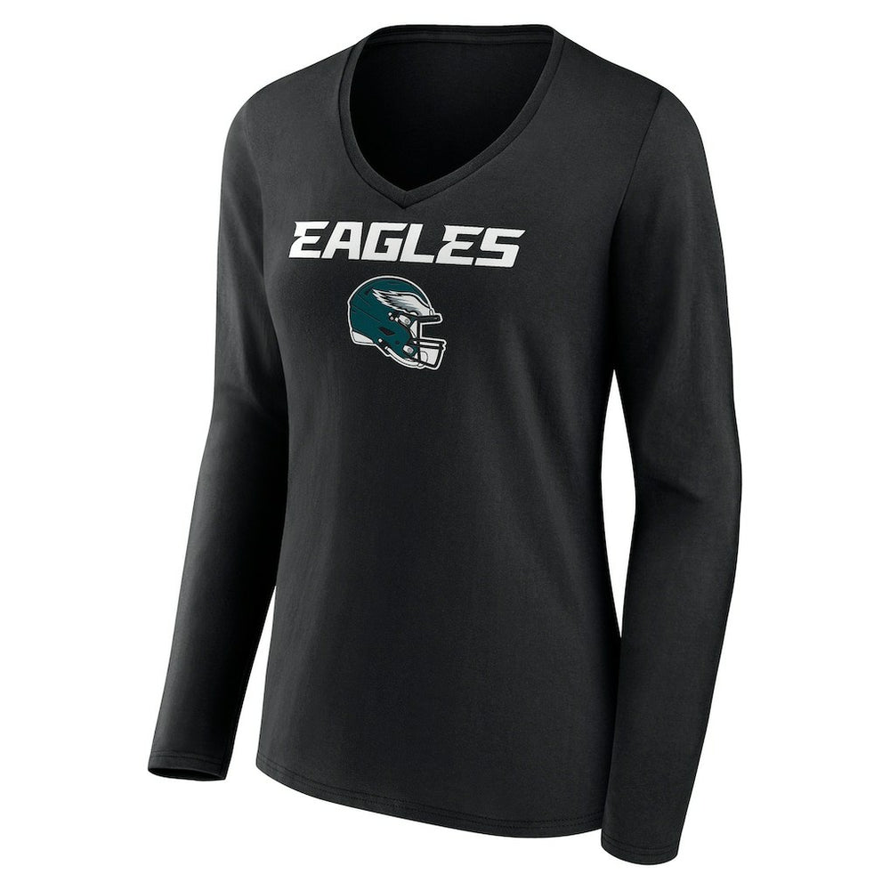 Philadelphia Eagles Women's Personalized Name & Number Team Wordmark Long Sleeve V-Neck T-Shirt Black - NFL