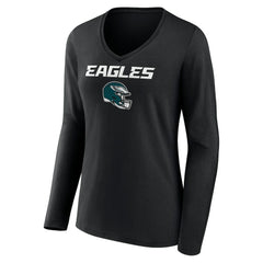 Philadelphia Eagles Women's Personalized Name & Number Team Wordmark Long Sleeve V-Neck T-Shirt Black - NFL