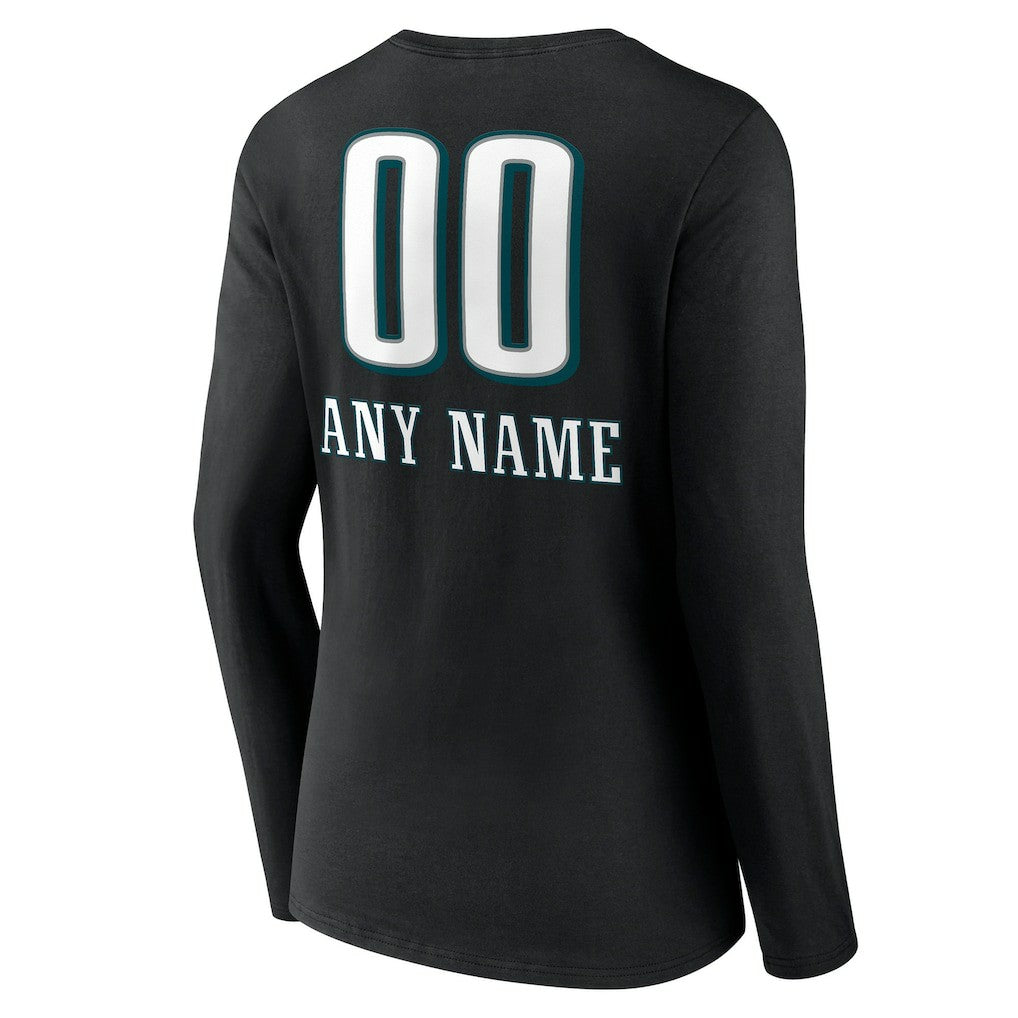 Philadelphia Eagles Women's Personalized Name & Number Team Wordmark Long Sleeve V-Neck T-Shirt Black - NFL