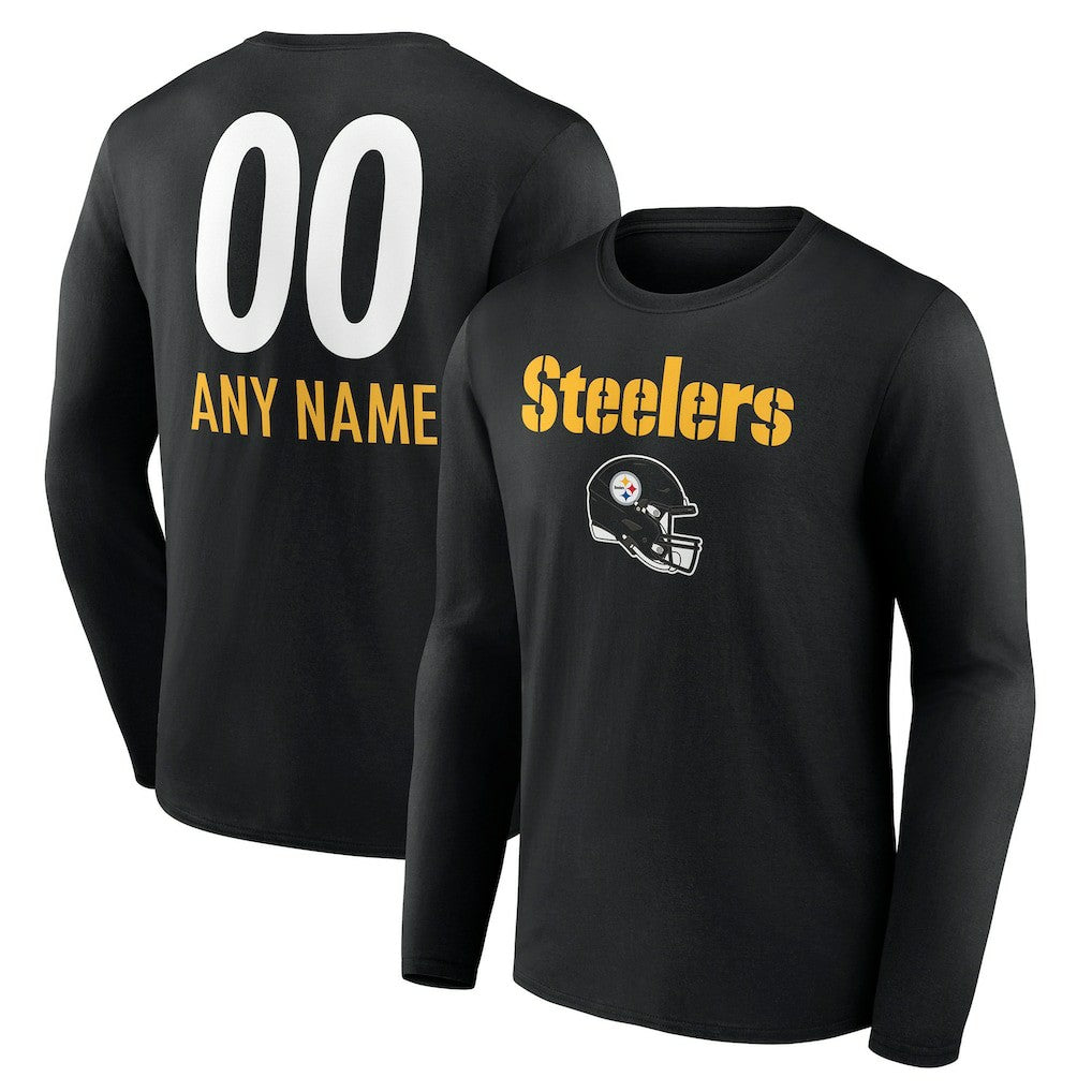 Pittsburgh Steelers Personalized Name & Number Team Wordmark Long Sleeve T-Shirt Black - NFL