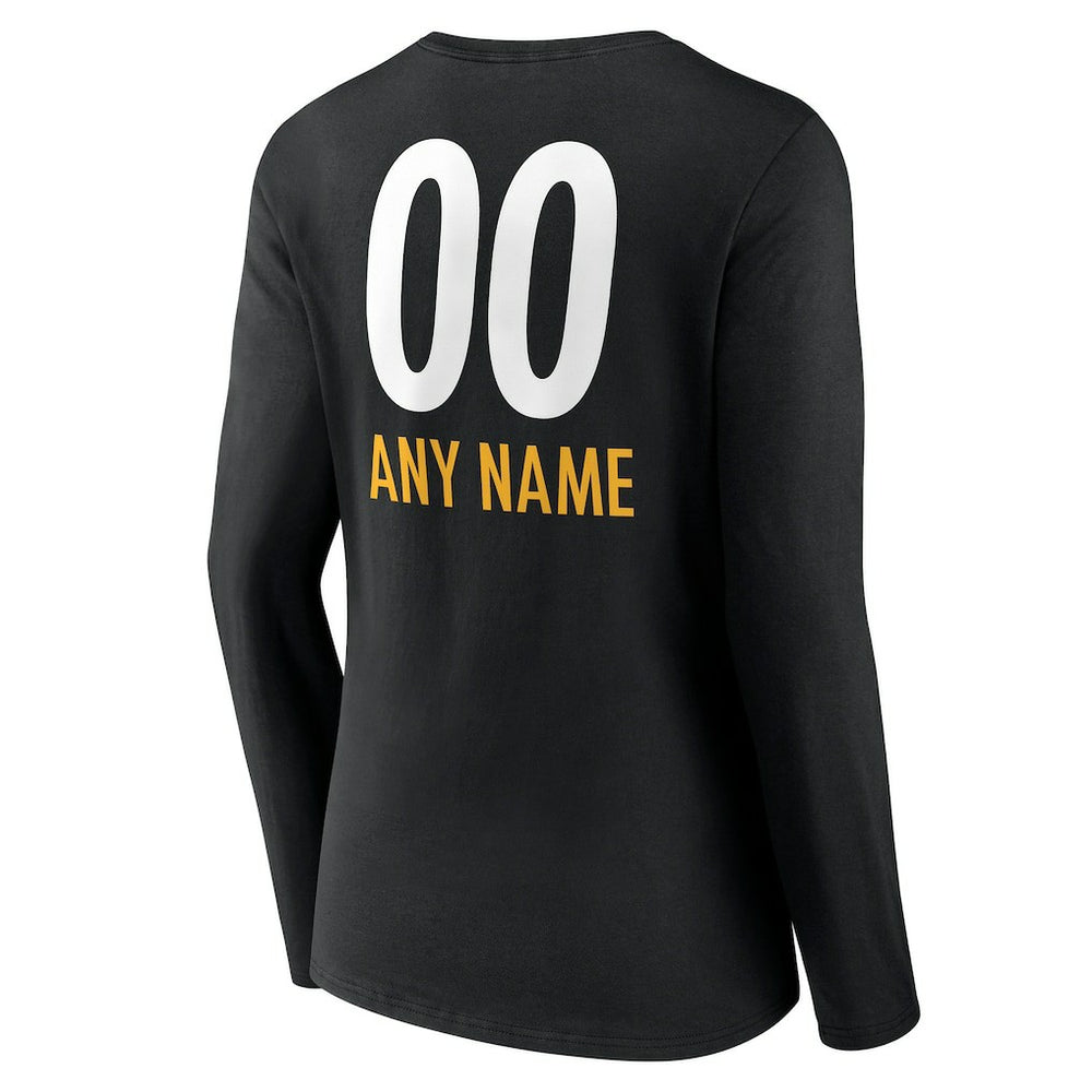 Pittsburgh Steelers Women's Personalized Name & Number Team Wordmark Long Sleeve V-Neck T-Shirt Black - NFL