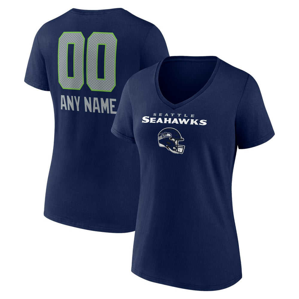 Seattle Seahawks Women's Personalized Name & Number Team Wordmark V-Neck T-Shirt College Navy - NFL