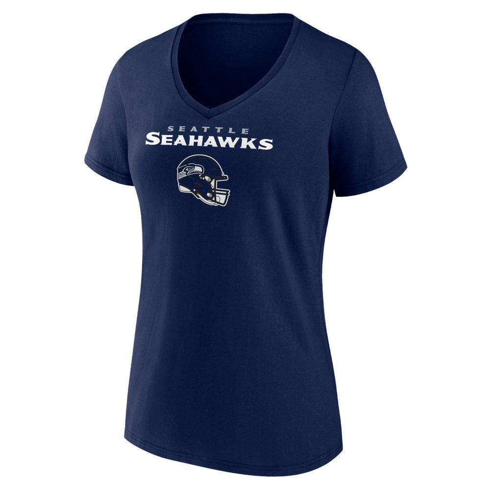 Seattle Seahawks Women's Personalized Name & Number Team Wordmark V-Neck T-Shirt College Navy - NFL