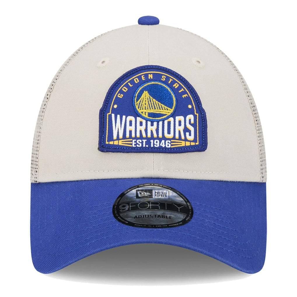New Era - Golden State Warriors Throwback Patch Trucker 9FORTY Adjustable Hat - Khaki/Royal