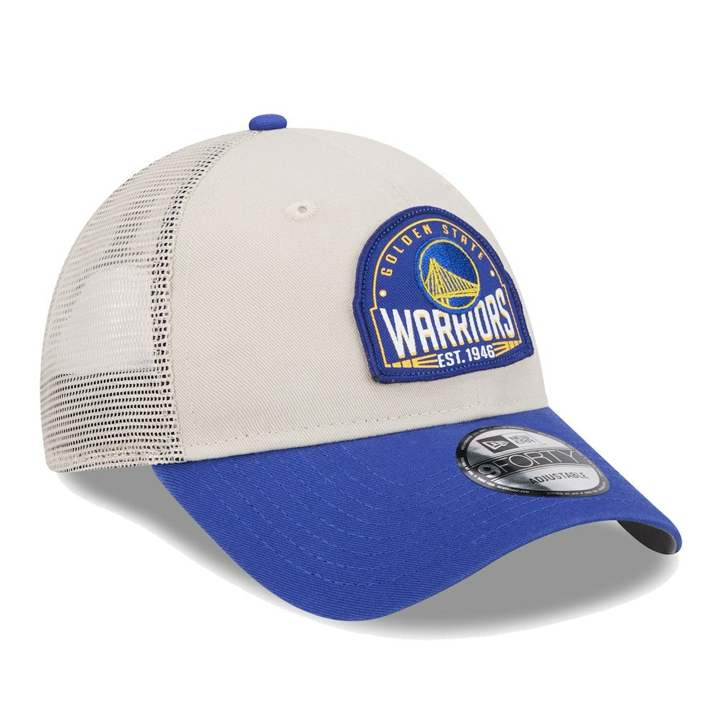 New Era - Golden State Warriors Throwback Patch Trucker 9FORTY Adjustable Hat - Khaki/Royal