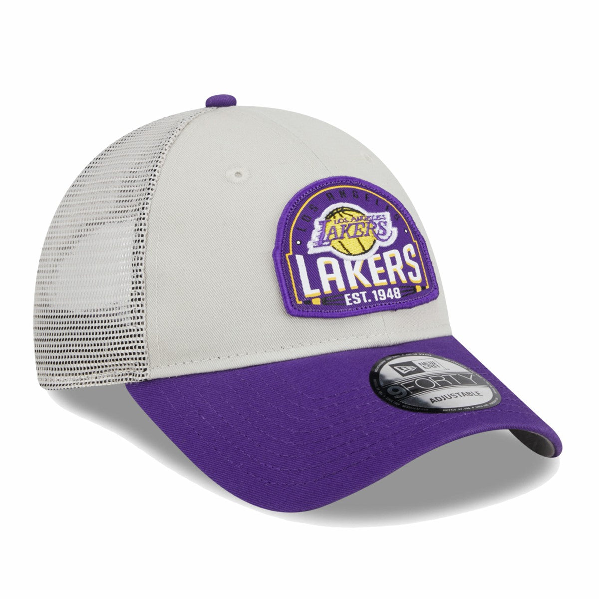 New Era - Los Angeles Lakers Throwback Patch Trucker 9FORTY Adjustable Hat - Khaki/Purple