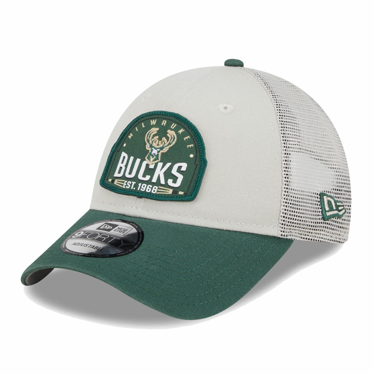 New Era - Milwaukee Bucks Throwback Patch Trucker 9FORTY Adjustable Hat - Khaki/Hunter Green
