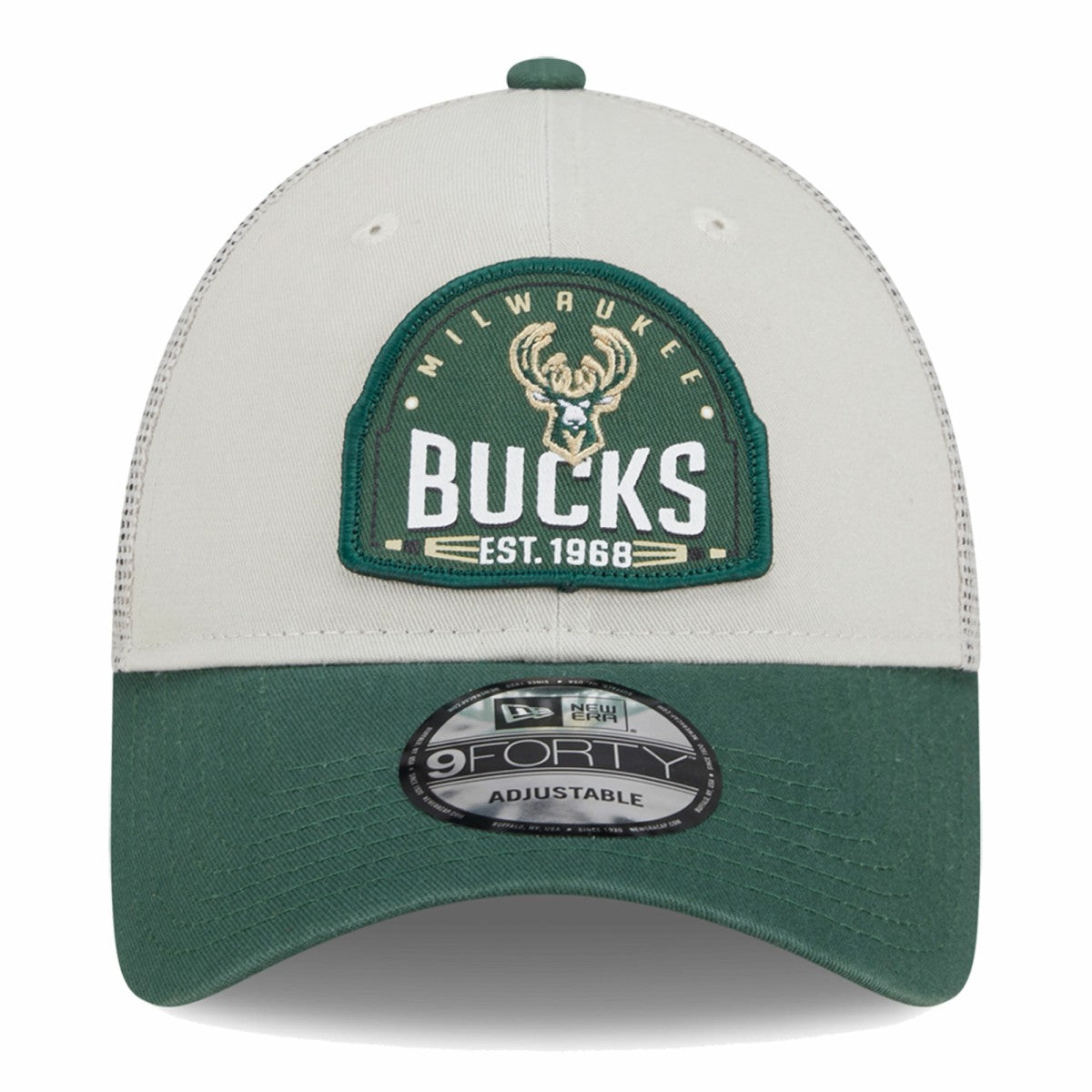 New Era - Milwaukee Bucks Throwback Patch Trucker 9FORTY Adjustable Hat - Khaki/Hunter Green