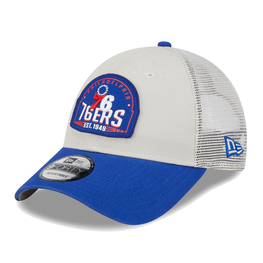 New Era - Philadelphia 76ers Throwback Patch Trucker 9FORTY Adjustable Hat - Khaki/Royal