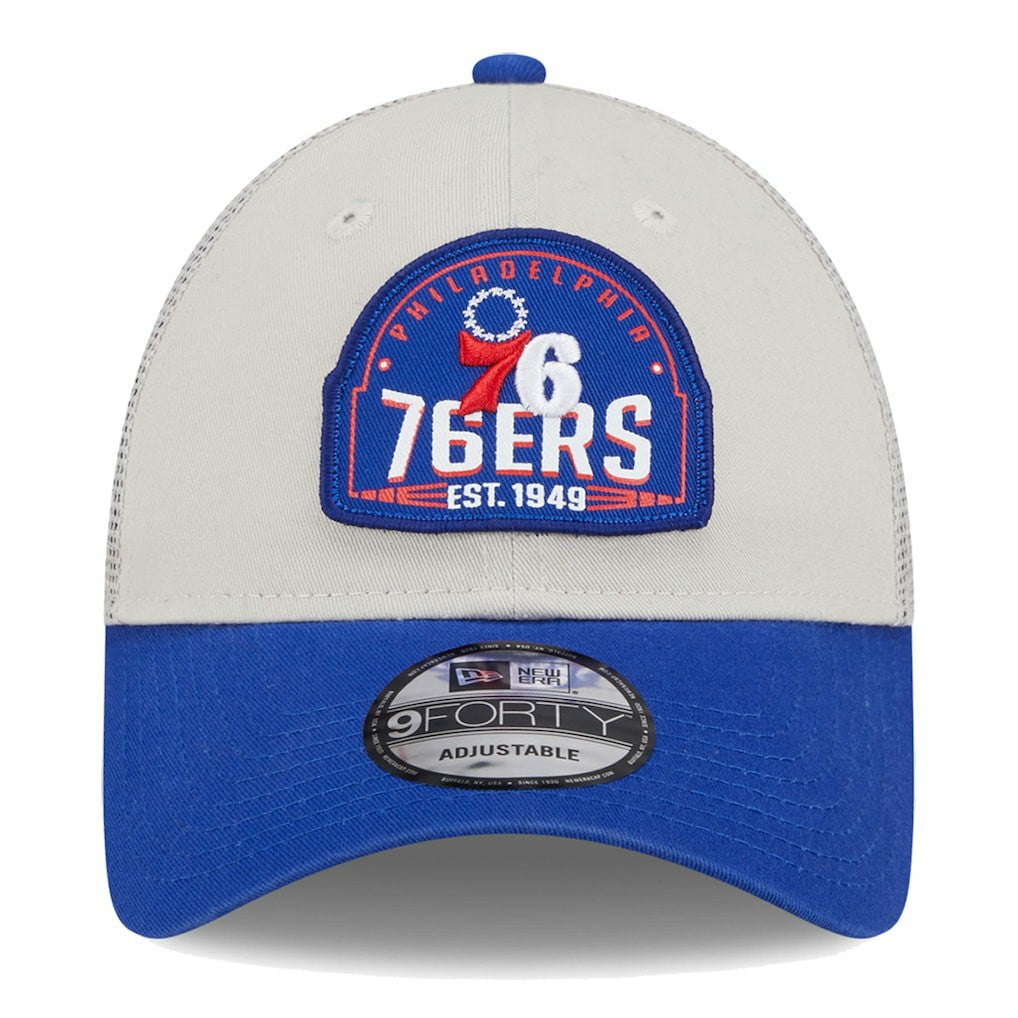 New Era - Philadelphia 76ers Throwback Patch Trucker 9FORTY Adjustable Hat - Khaki/Royal