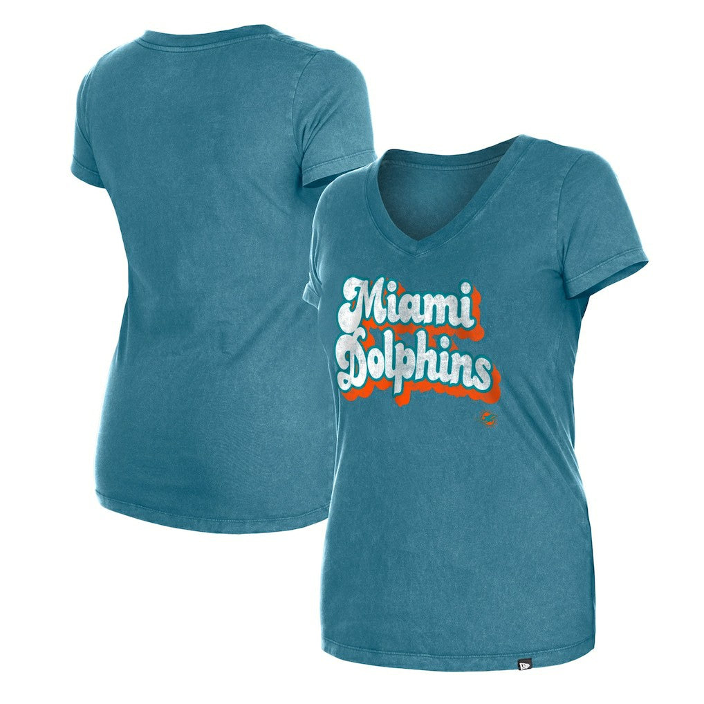 Miami Dolphins New Era Women's Enzyme Wash Low V-Neck T-Shirt Aqua - NFL