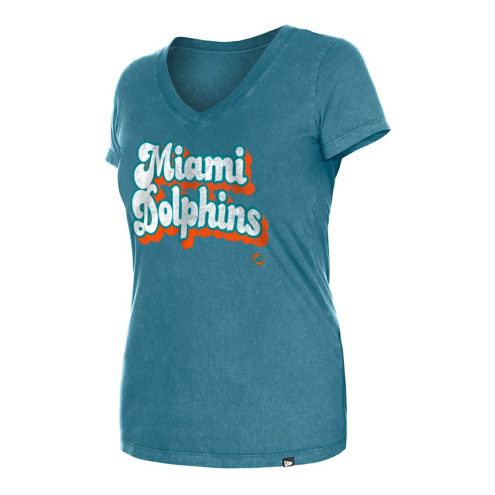 Miami Dolphins New Era Women's Enzyme Wash Low V-Neck T-Shirt Aqua - NFL