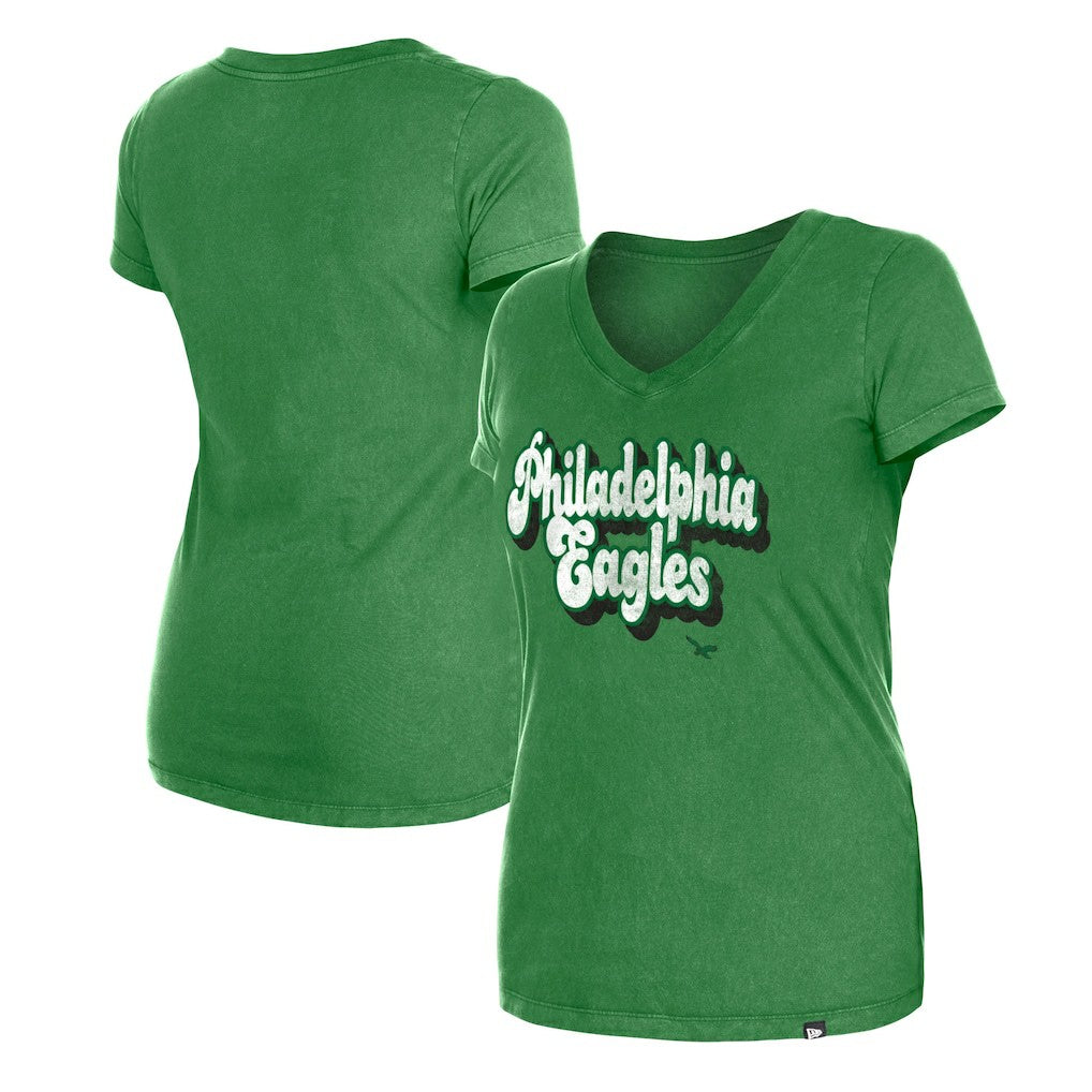 Philadelphia Eagles New Era Women's Enzyme Wash Low V-Neck T-Shirt Green - NFL